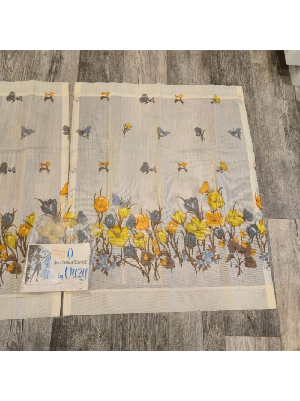 Floral Butterfly MCM Sheer Curtains 2 Panels 36"x29" Yellow Blue Brown Retro NOS - Picture 9 of 10